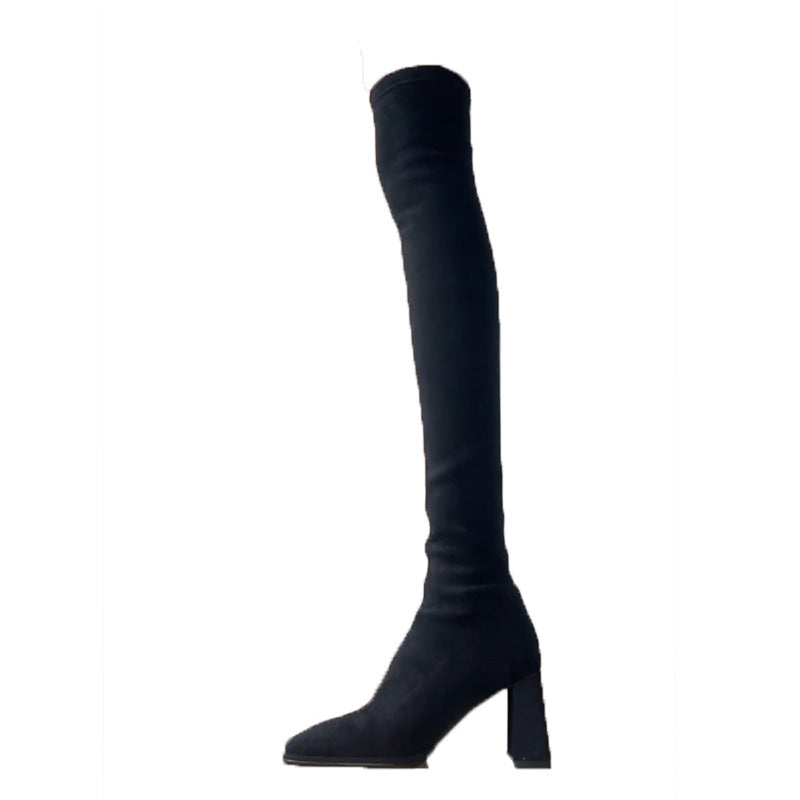 Women's Square Toe Thick High Suede Skinny Tube Women's Leather Boots
