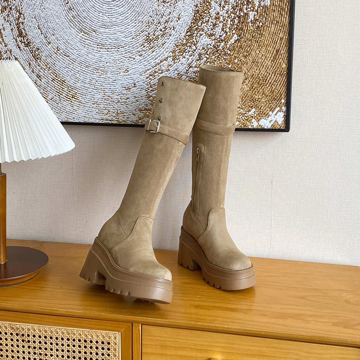 Height Increasing Insole Small Fleece-lined Vintage Thick Bottom Skinny Women's Leather Boots