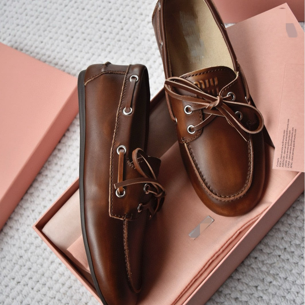 Women's Polished Boat Hand-made Old Round Toe Bowknot Women's Casual Shoes