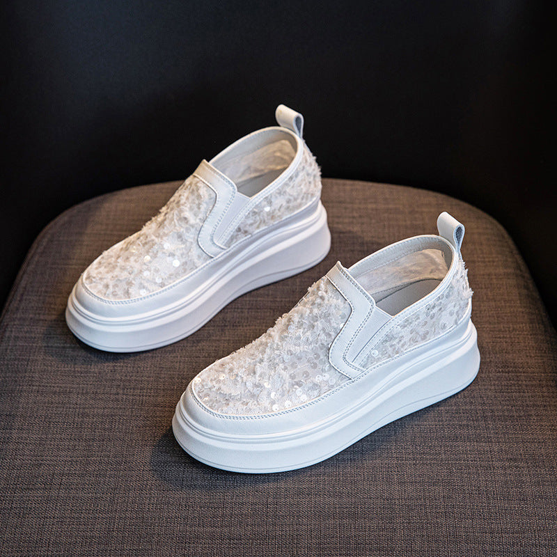 Women's Sequined Mesh Surface White Height Increasing Insole Small Size Platform Loafers