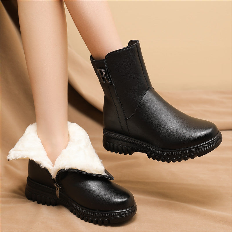 Mother's Cotton Winter Fleece-lined Warm Genuine Women's Shoes