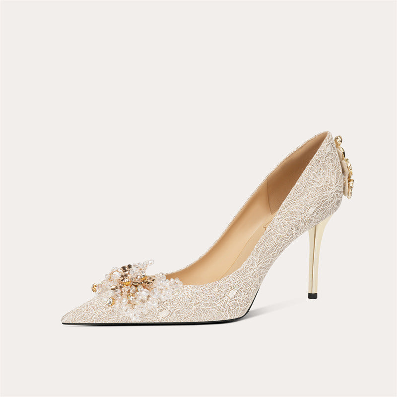 Rhinestone High-heeled French Style Temperament Bridal High Lace Daily Women's Fashion Shoes