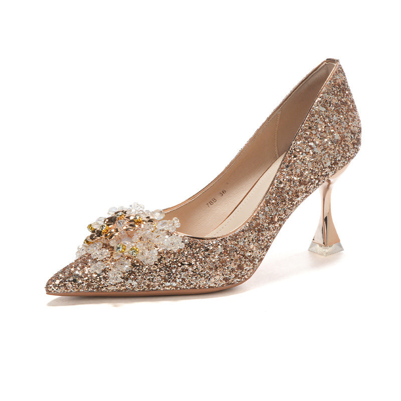 Women's & Men's Pumps Shallow Mouth Champagne Wedding French Minority Women's Shoes