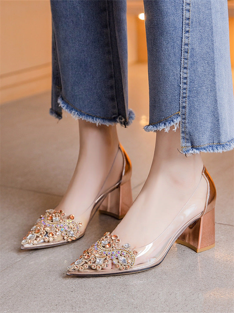 Women's Diamond Golden Bird Fashion Transparent Rhinestone Pointed Heels