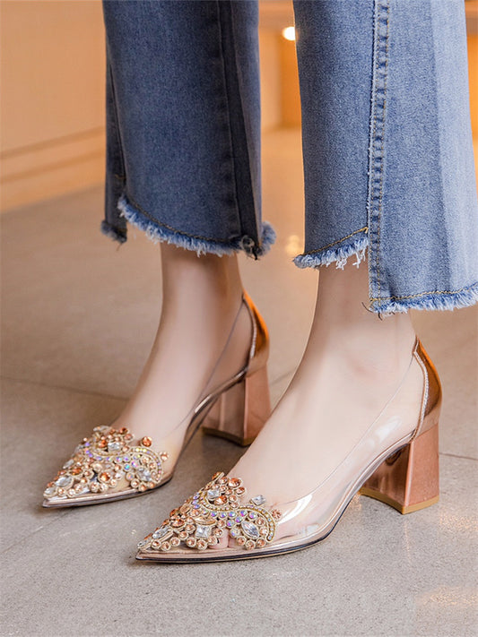 Women's Diamond Golden Bird Fashion Transparent Rhinestone Pointed Heels