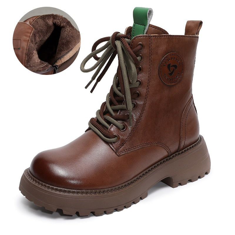 Women's First Layer Cowhide Martin Motorcycle Round Head Women's Leather Boots