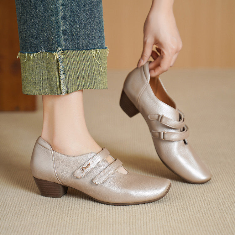 Elegant Soft Sheepskin Square Toe Mary Jane Low Velcro Deep Women's Fashion Shoes