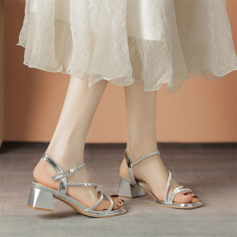 Women's Style Super Soft Rhinestone Summer Slip-on Chunky Two-way Women's Shoes