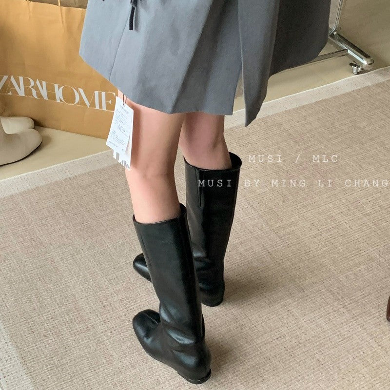 Women's Style Chunky Square Toe High Below The Knee Single White Women's Leather Boots