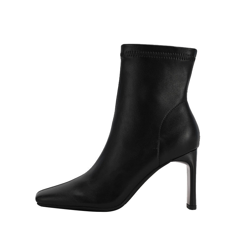 Women's Ankle Square Toe Chunky Side Zip Low Tube Fashion Women's Leather Boots