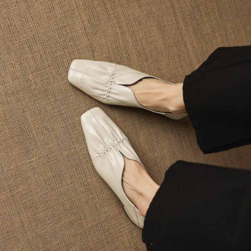 Women's French Vintage Style Square Toe Pleated Spring Pumps Slip-on Comfortable Leather Shoes