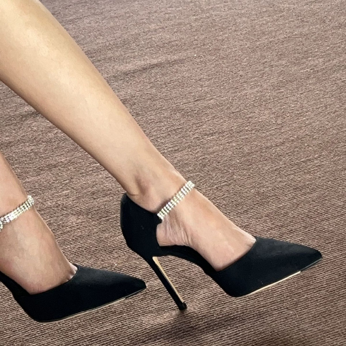Women's Pointed High With Strap Pearl Chain Fine Black Suede Women's Fashion Shoes