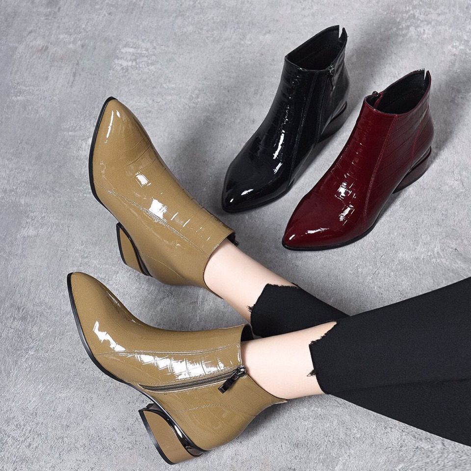 Women's Short Patent Cowhide Single Low Martin British Women's Leather Boots