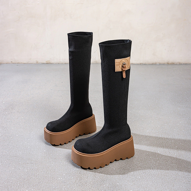 Women's Buckle Fashion Below The Knee Slim Fit High Women's Leather Boots