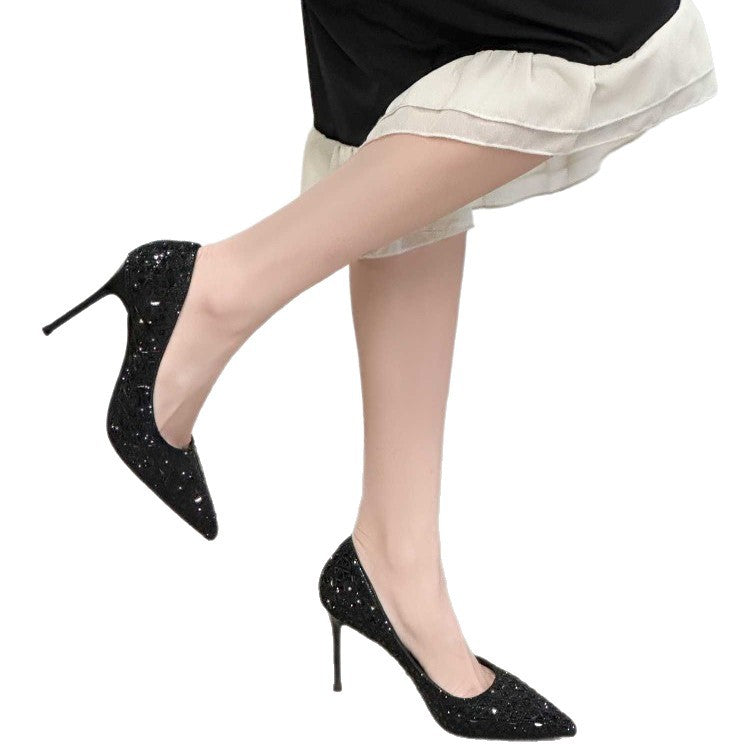 Women's Style Pointed Toe Rhinestone Low-cut Stiletto Sexy Shiny Heels