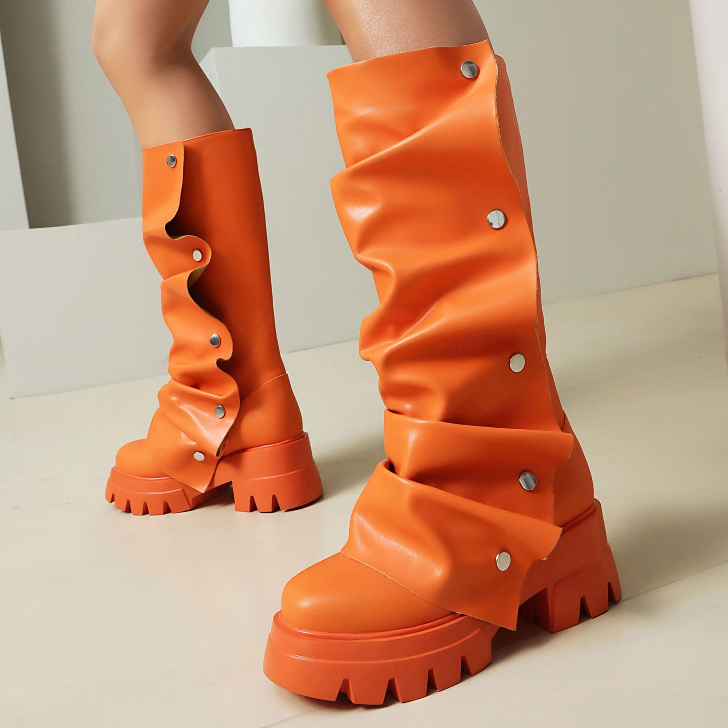 Women's High Chunky Platform Round Toe Metal Rivet Two-way Pile Style Men's Shoes