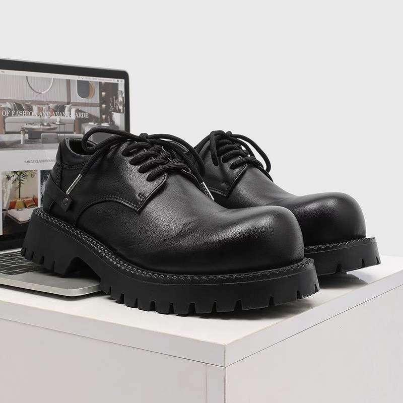 Men's Black Warped Head Thick Bottom Big British Style Men's Casual Leather Shoes