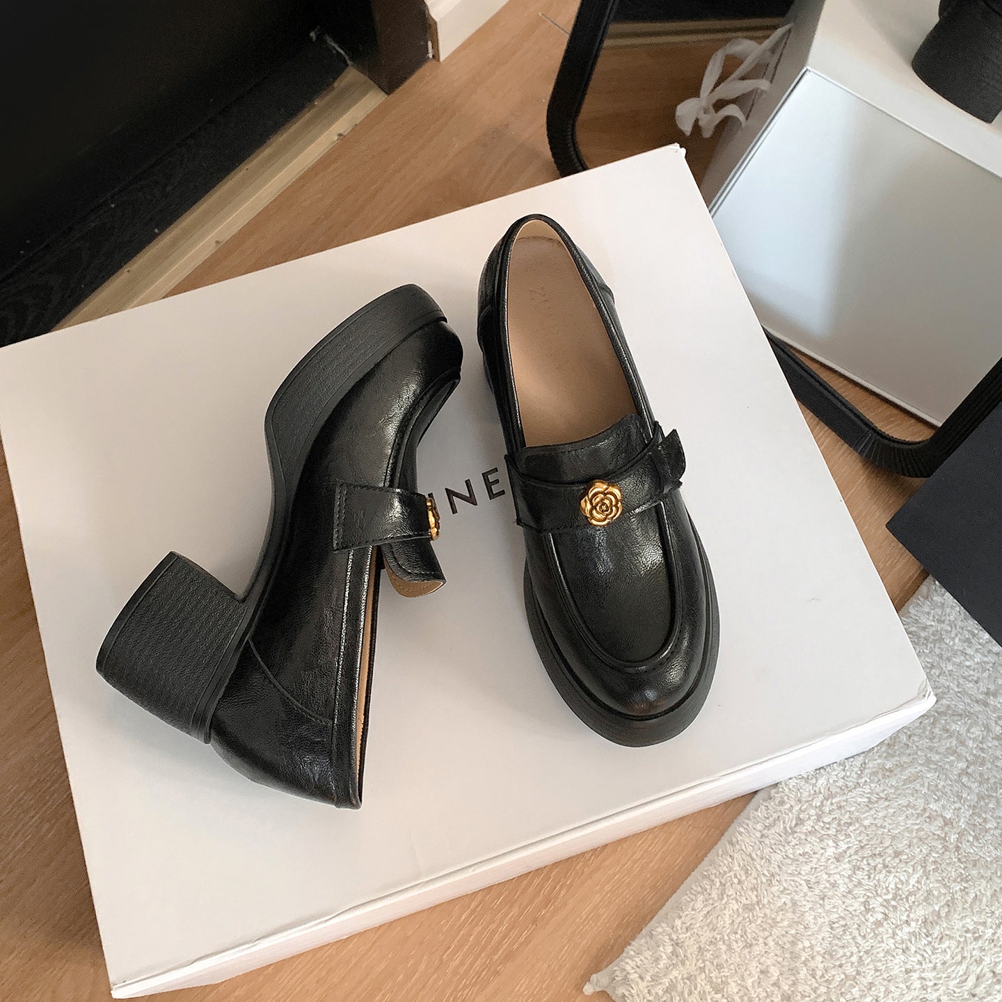 Women's Cowhide Version Genuine Camellia Black High-heeled Small Chunky Leather Shoes