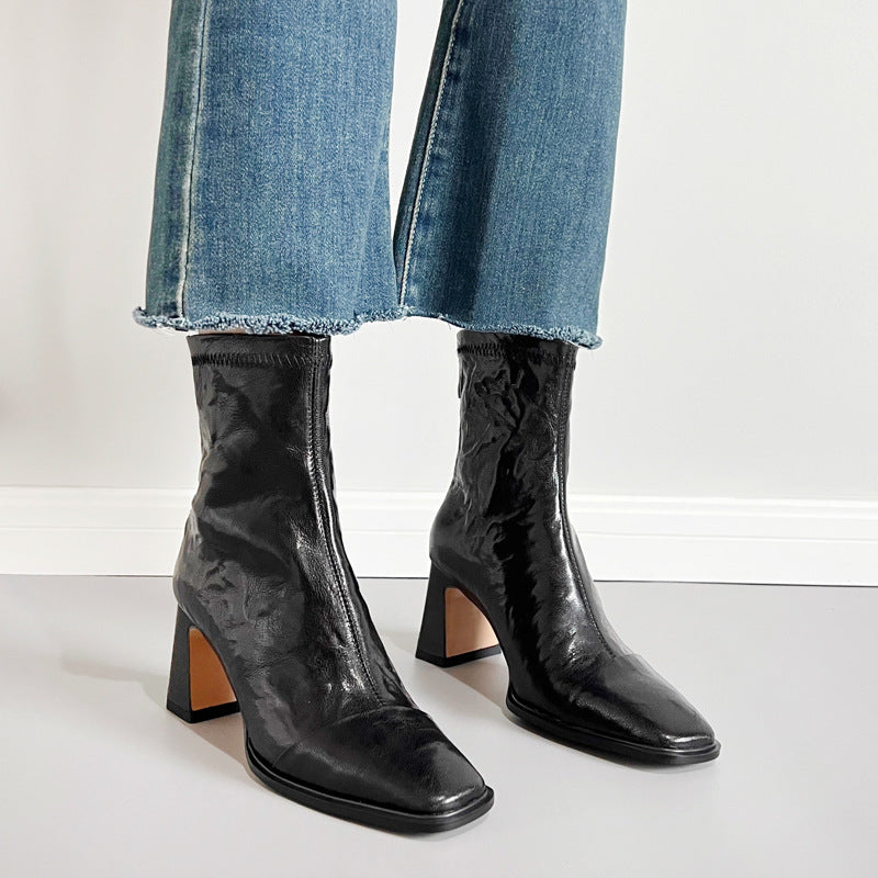 Women's Short With Scratch Pattern Soft Style French Retro Skinny Small Women's Leather Boots