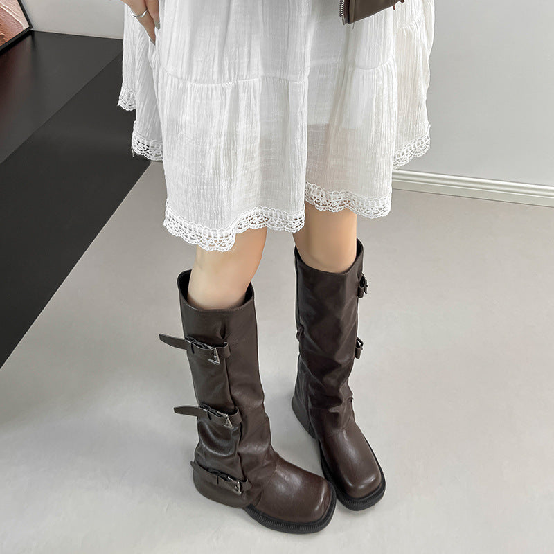 Increasing Insole Long Female Grape Mom Thick Bottom Belt Buckle Women's Leather Boots