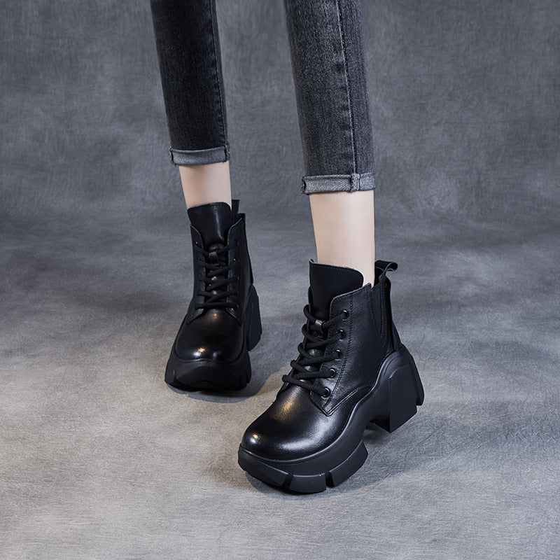 Women's Genuine Platform Retro Middle High Solid Boots