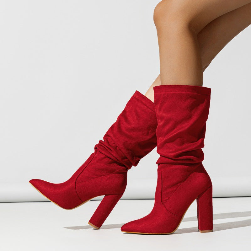Women's Slip-on Winter Fashionable Chunky High-heel Fashion Comfortable Women's Leather Boots