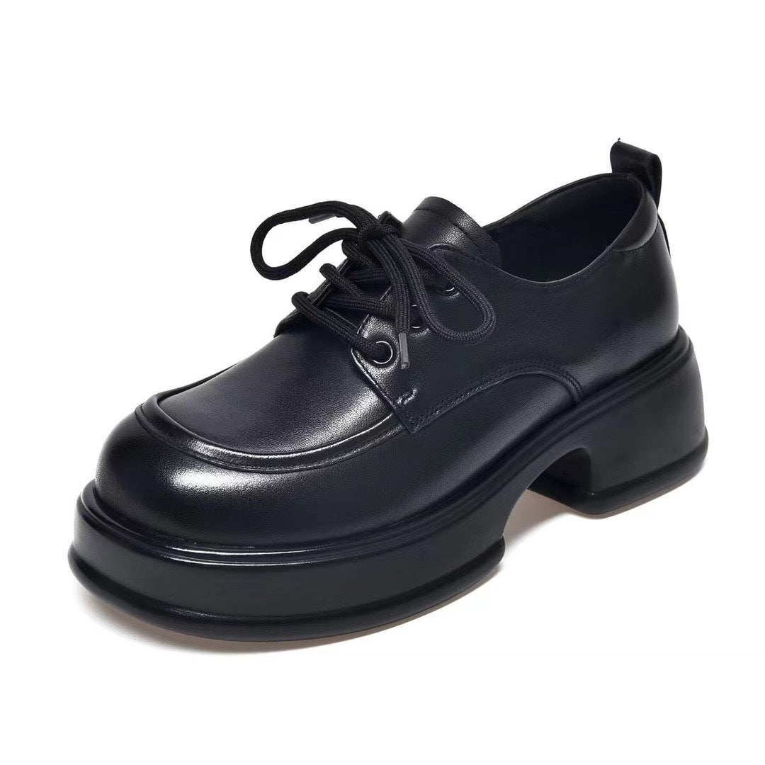 Women's Genuine Retro Lace Up British Style Increased Round Head Thick Loafers