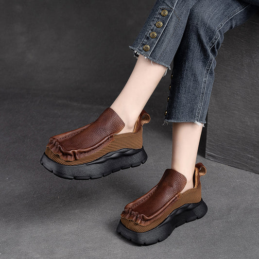Women's Toe Vintage Pumps Thick Bottom Top Layer Cowhide Casual Shoes
