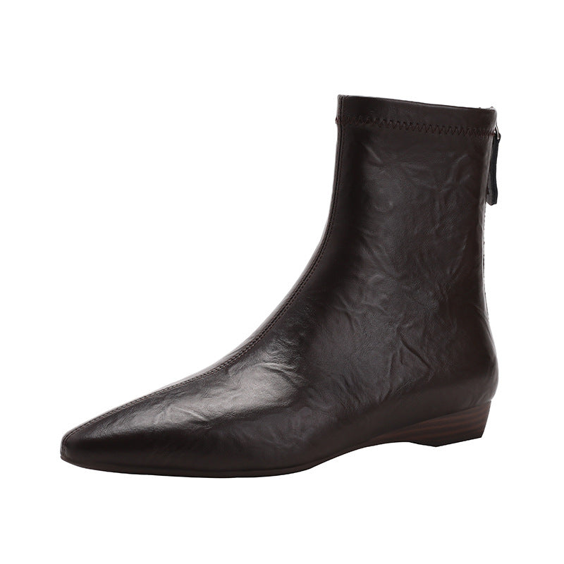 Women's French Style Temperament Korean Wedge Skinny Flat Women's Leather Boots
