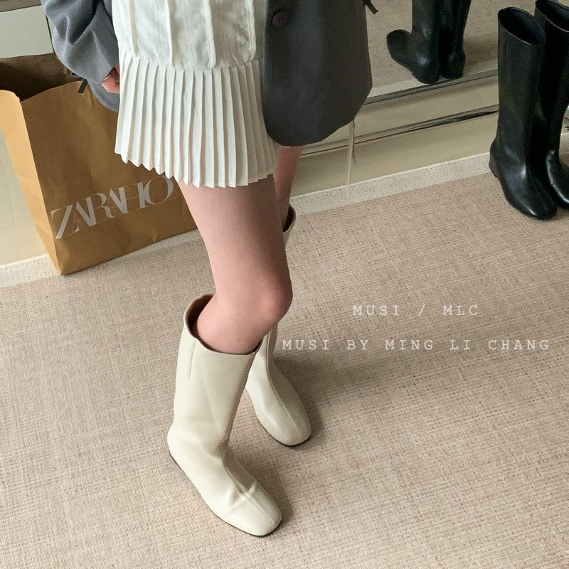 Women's Style Chunky Square Toe High Below The Knee Single White Women's Leather Boots
