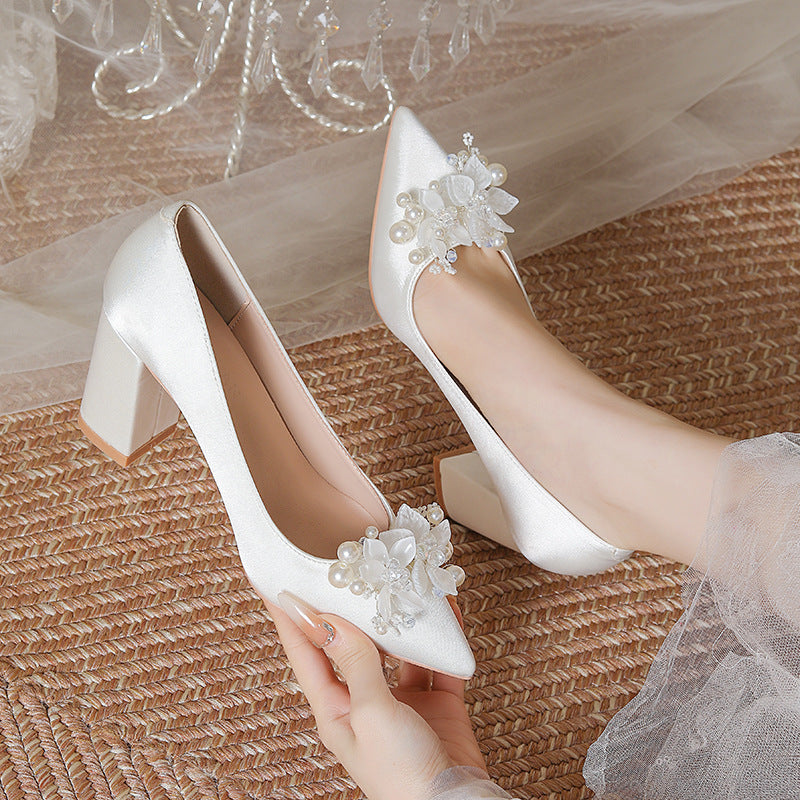 Women's Pump Chunky Pointed Pearl Decorative Button High Wedding Bride Heels