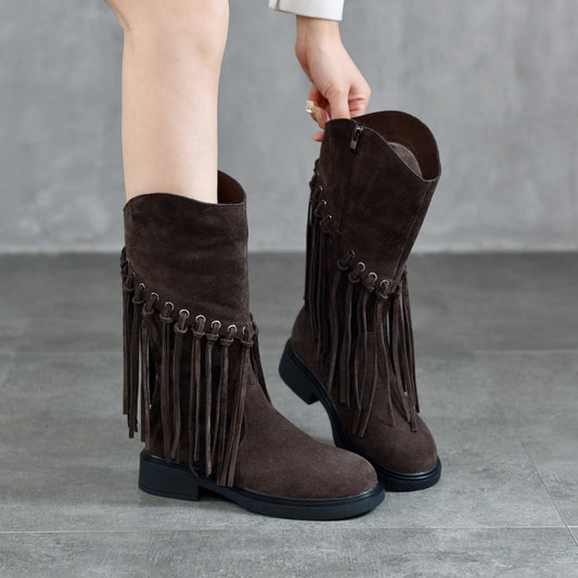 Mid Retro Western Denim Cotton Genuine Martin Fashion Women's Leather Boots