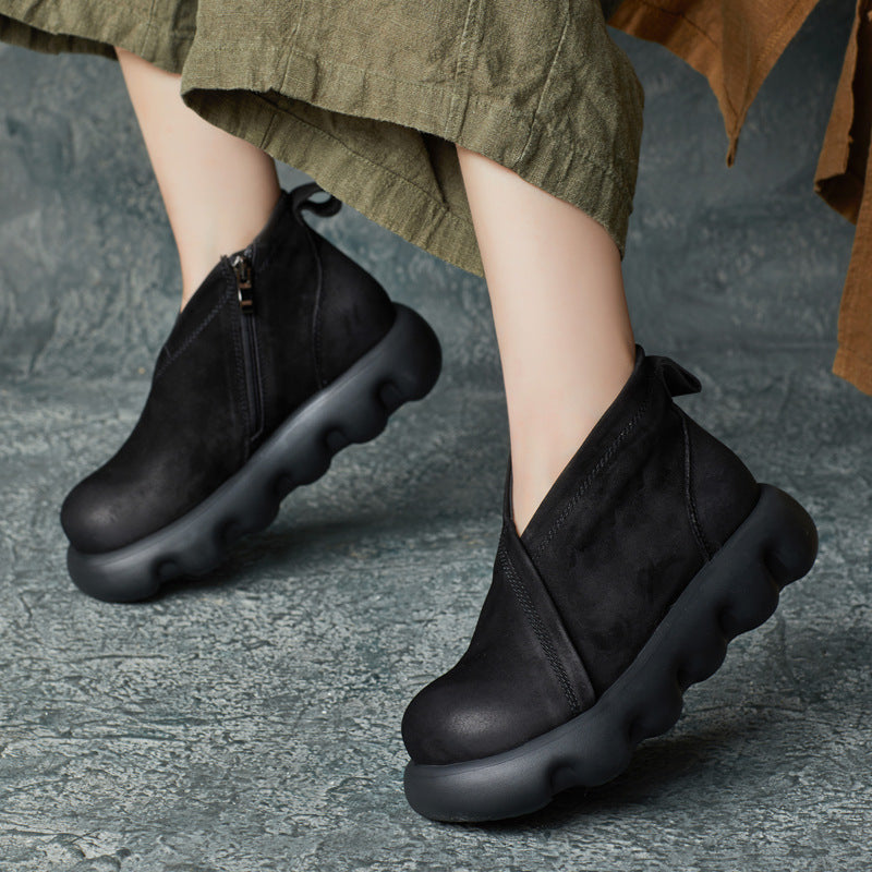 Women's Thick Bottom Short Big Toe Soft Slip On Women's Leather Boots