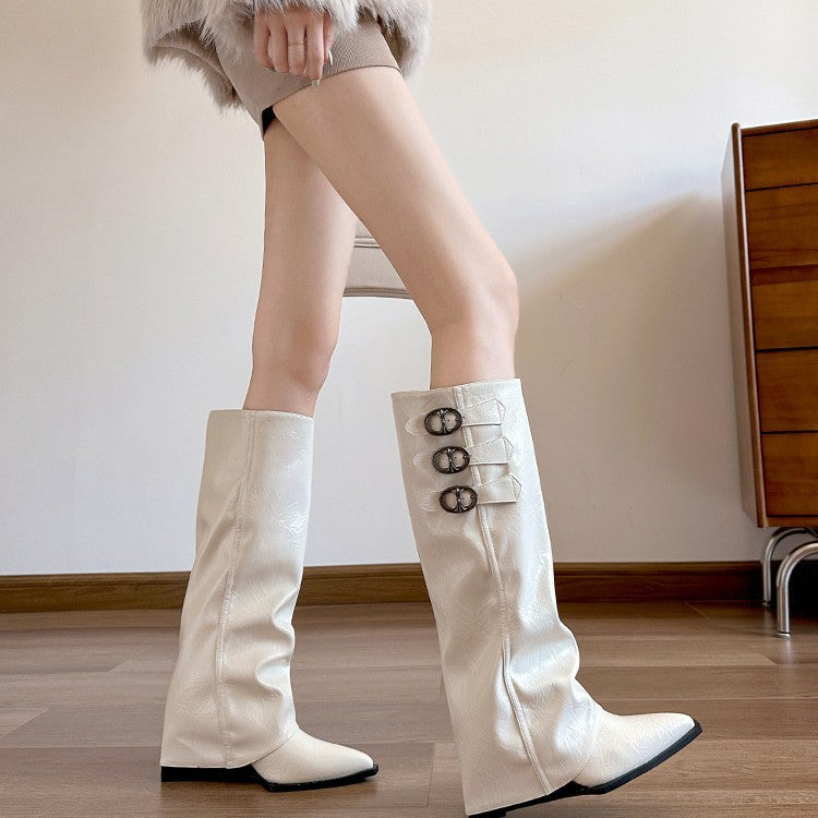 Women's Height Increasing Insole Pile Style Belt Women's Leather Boots
