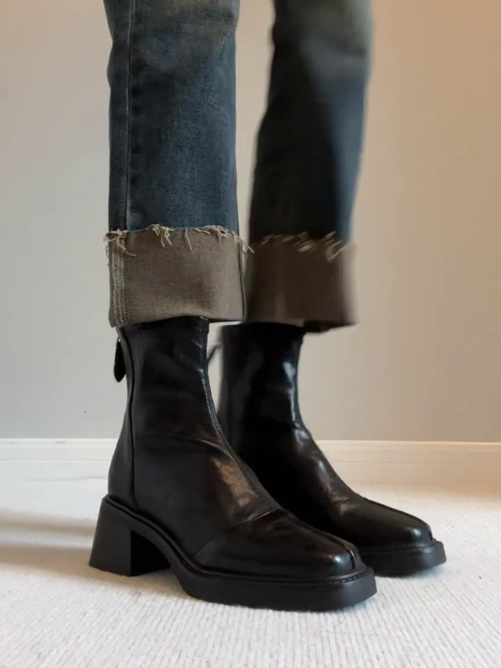Women's Chunky French Style Booties Single High Stretch Thin Women's Leather Boots