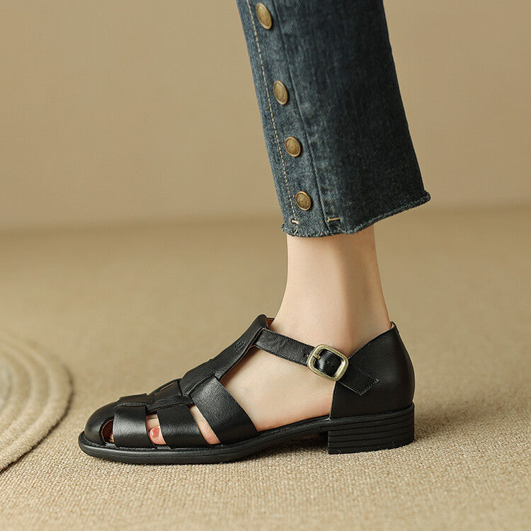 Women's First Layer Cowhide Roman Style Brown Woven Hollowed Pig Sandals