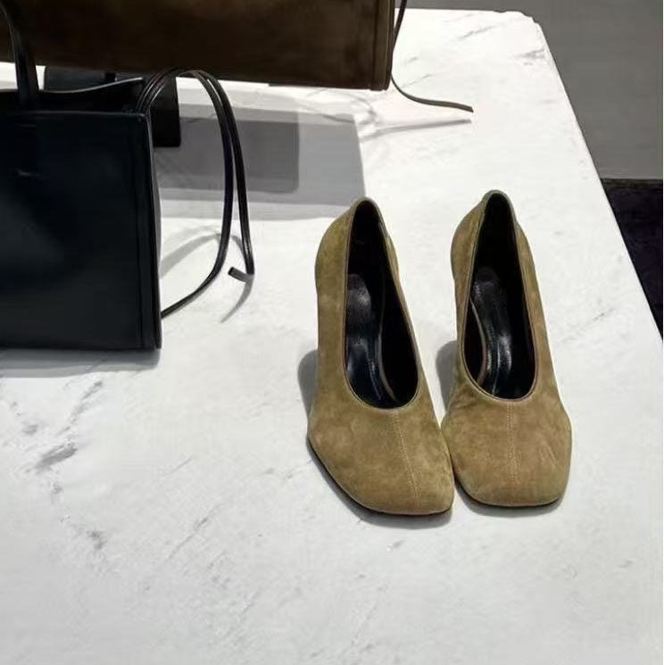 Women's Korean Niche Design Square Toe High Genuine Suede Leather Shoes