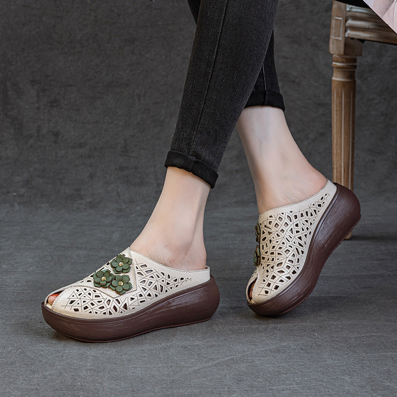 Women's Summer Thick Bottom Peep Toe Hollow Breathable Ethnic Style Flower Women's Shoes