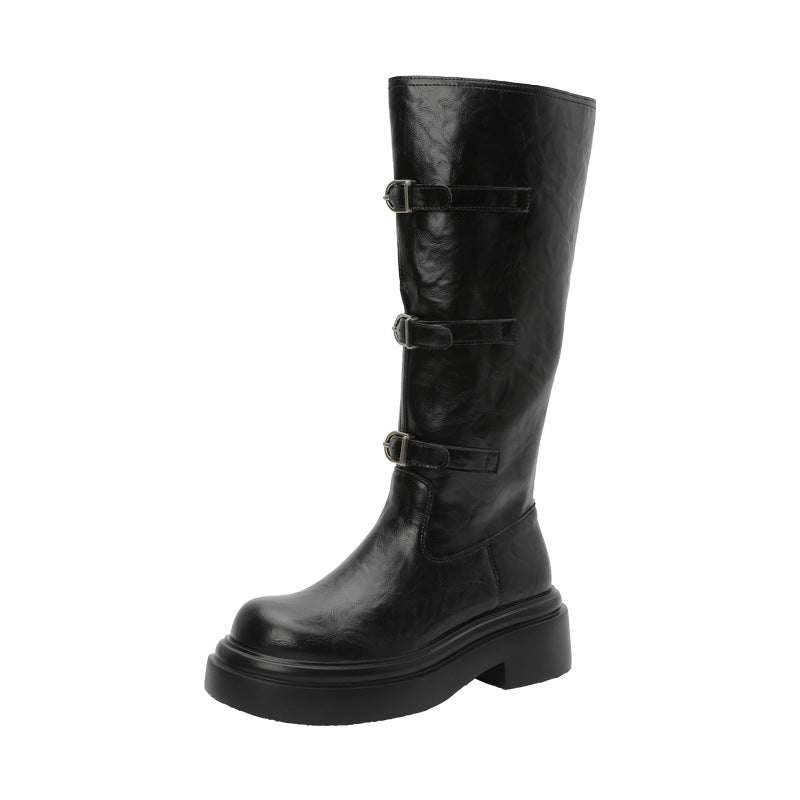 Retro Round Toe Belt Buckle Slimming Tall Knight Thick Bottom Women's Leather Boots