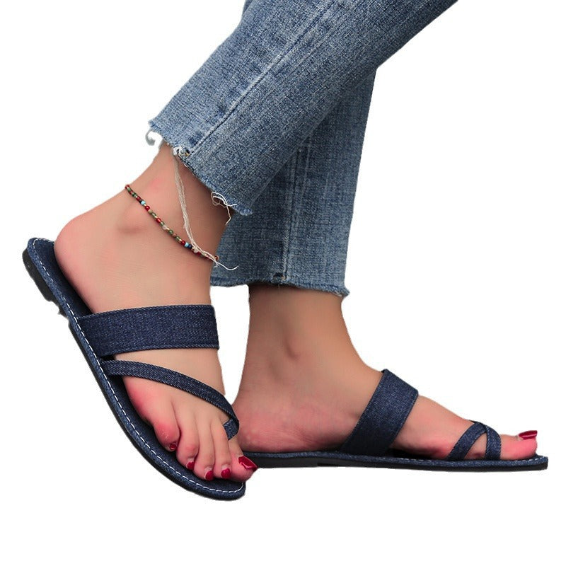 Women's Large Size Flat Bottom Toe Ring Simple Knitted Belt Sandals