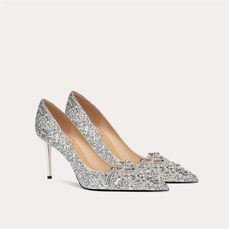 Women's Wedding Banquet Bridal Dress Metal Pointed Crystal Sheepskin Women's Fashion Shoes