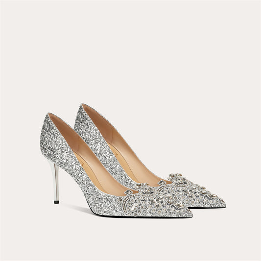 Women's Wedding Banquet Bridal Dress Metal Pointed Crystal Sheepskin Women's Fashion Shoes