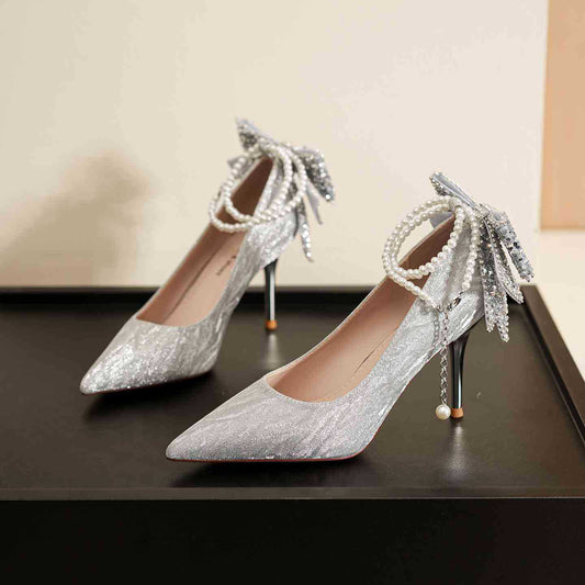 Women's Bow Glitter Stiletto Pointed Wedding Dress Women's Fashion Shoes