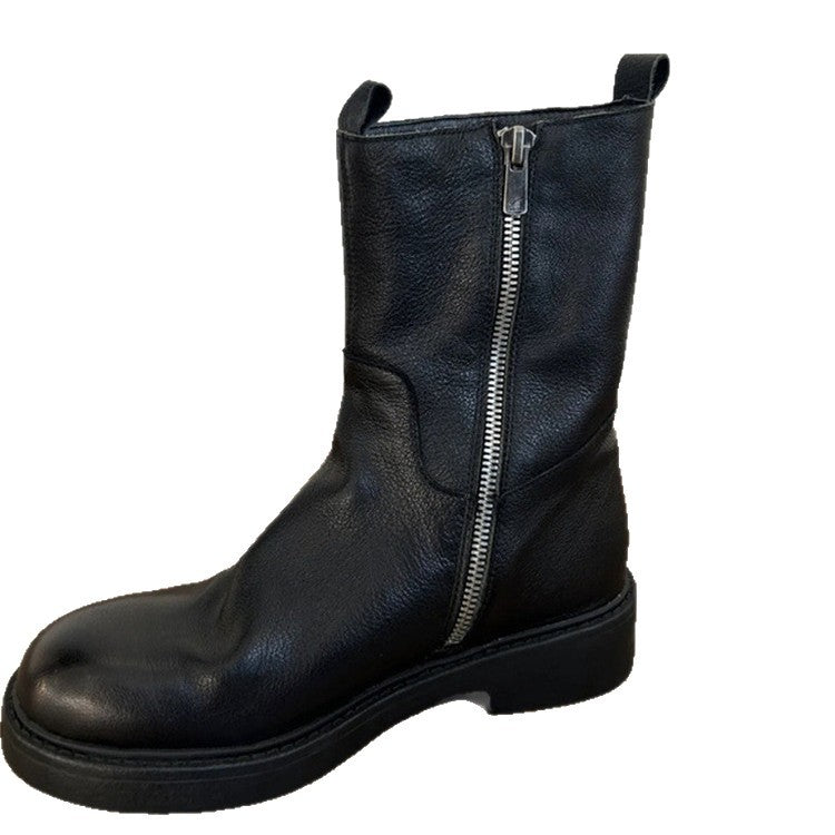 Soft Cowhide Martin Side Zipper Fashion British Round Women's Leather Boots