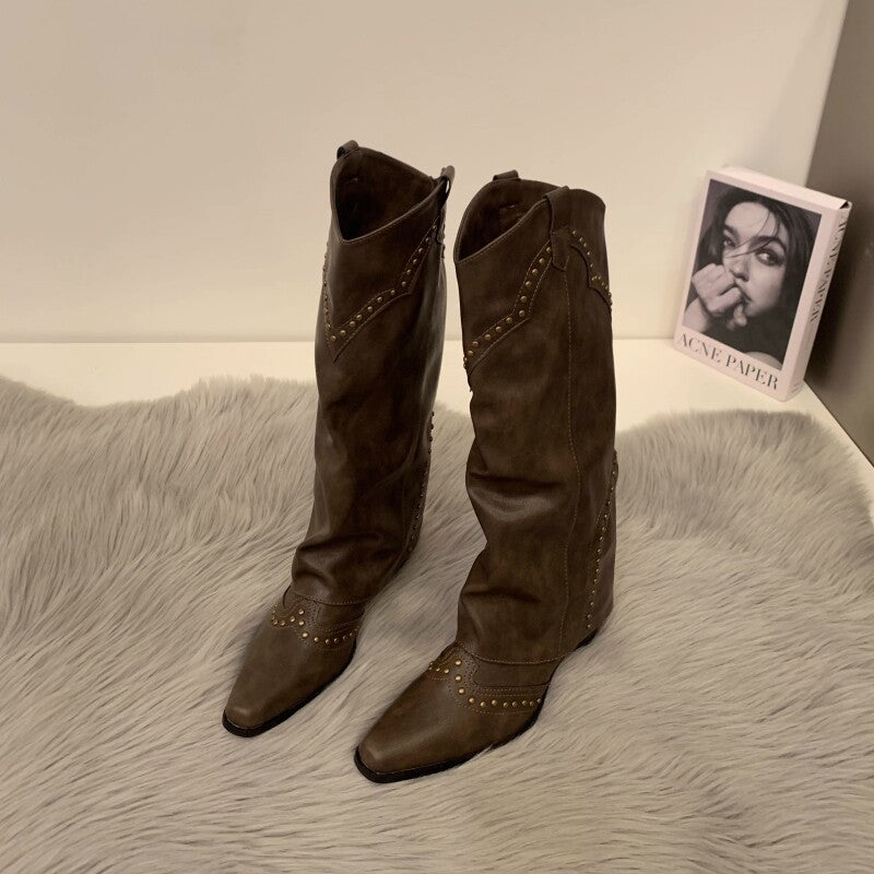 Women's Style Pointed Toe Pantyhose Autumn Rivets Long Below The Women's Leather Boots