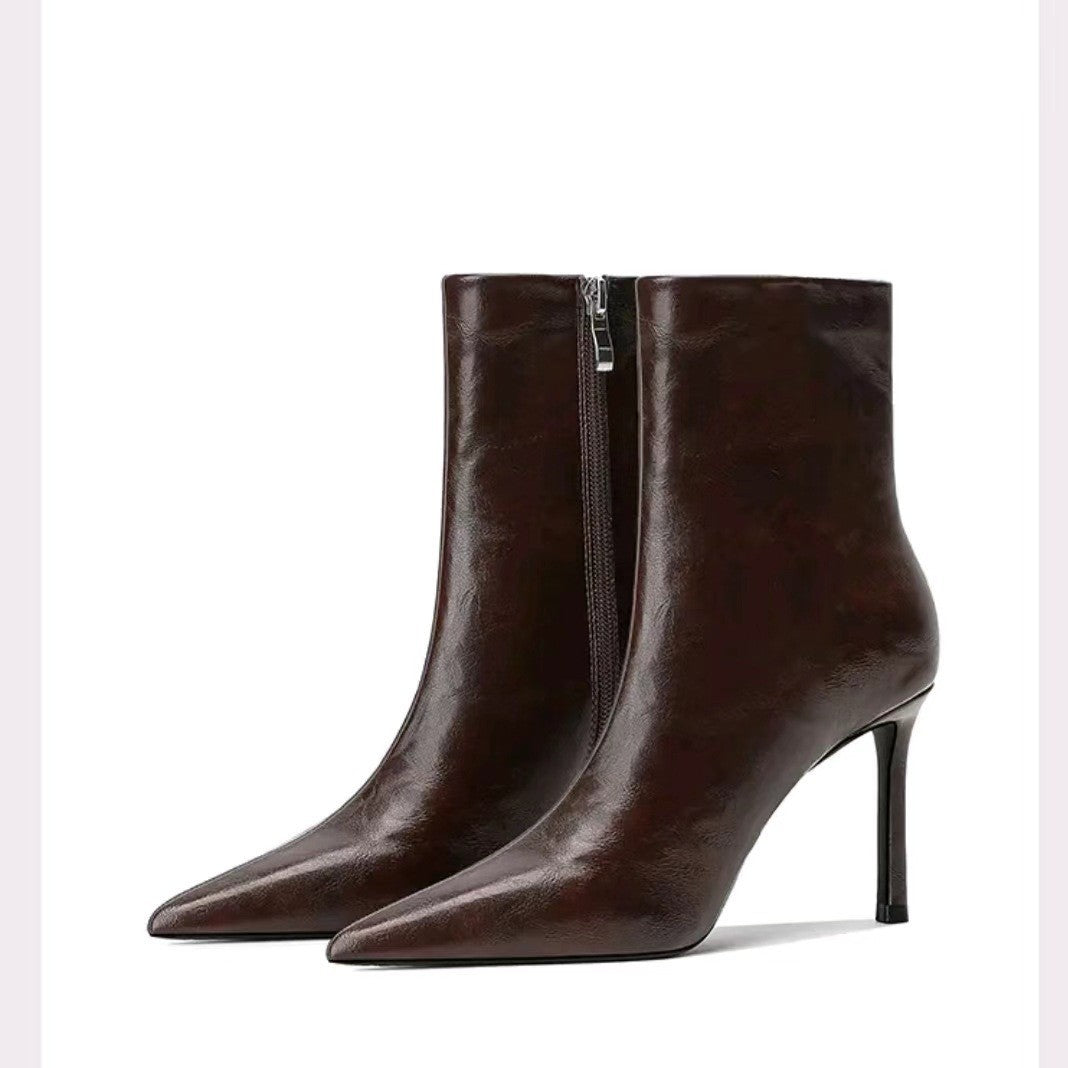 Women's High British Martin Middle Stiletto Pointed Women's Leather Boots