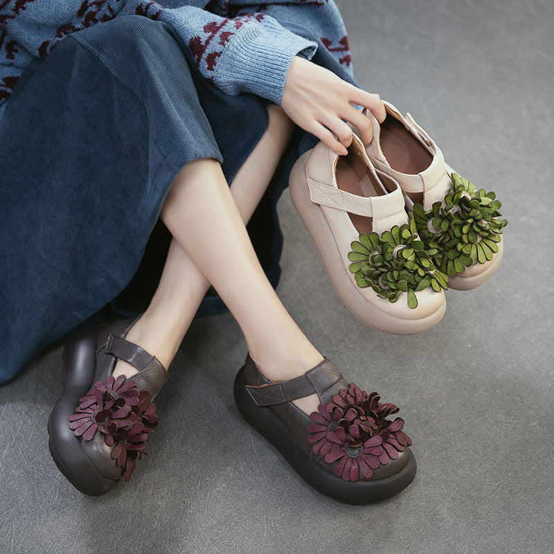 Women's Flower Ethnic Style Fashion Velcro Pumps First Layer Cowhide Women's Casual Shoes