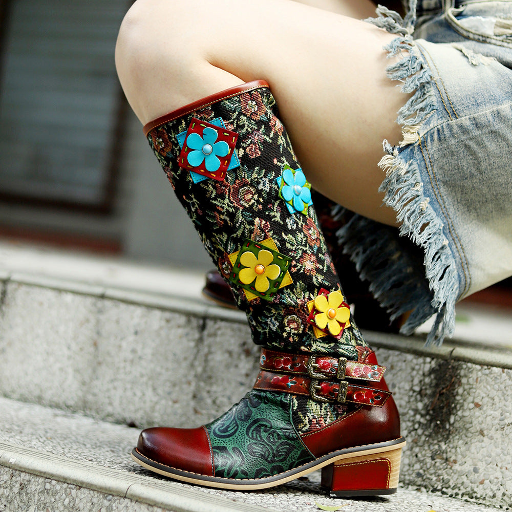 Hand-rub Color Printing Stitching Three-dimensional Flower Belt Buckle Comfortable Boots