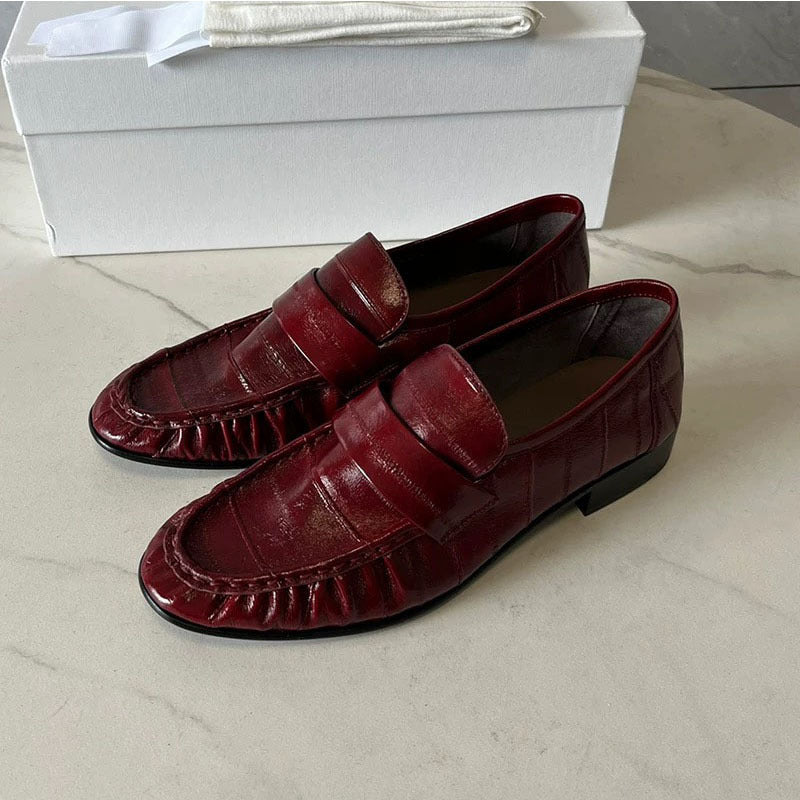 Women's Eel Skin Vintage Crumpled Low-cut Flat Pumps Commuter Small Loafers