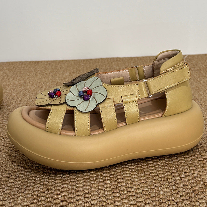 Women's First Layer Cowhide Open Toe Flower Roman Summer Thick Bottom Platform Sandals